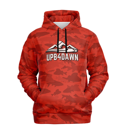 The Angler's Mirage Hoodie - Tri-Blend Hoodie - 6 Colors is a blue camouflage design featuring a graphic of a mountain with the brand name "UPB4DAWN" printed below it. This unisex fit hoodie has a drawstring hood and a front pouch pocket, with its vibrant fish camo pattern standing out against the black background.