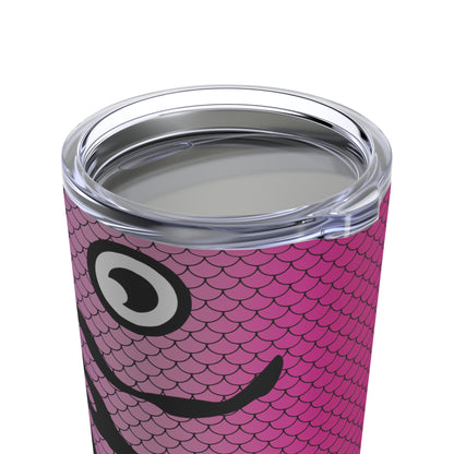 The Lure - Pink & Purple - Printed Tumbler - 20oz features a tall, pink design with a fish scale pattern and a single, large cartoonish eye near the top. This fishing lure tumbler offers double-wall insulation and comes with a clear plastic lid.