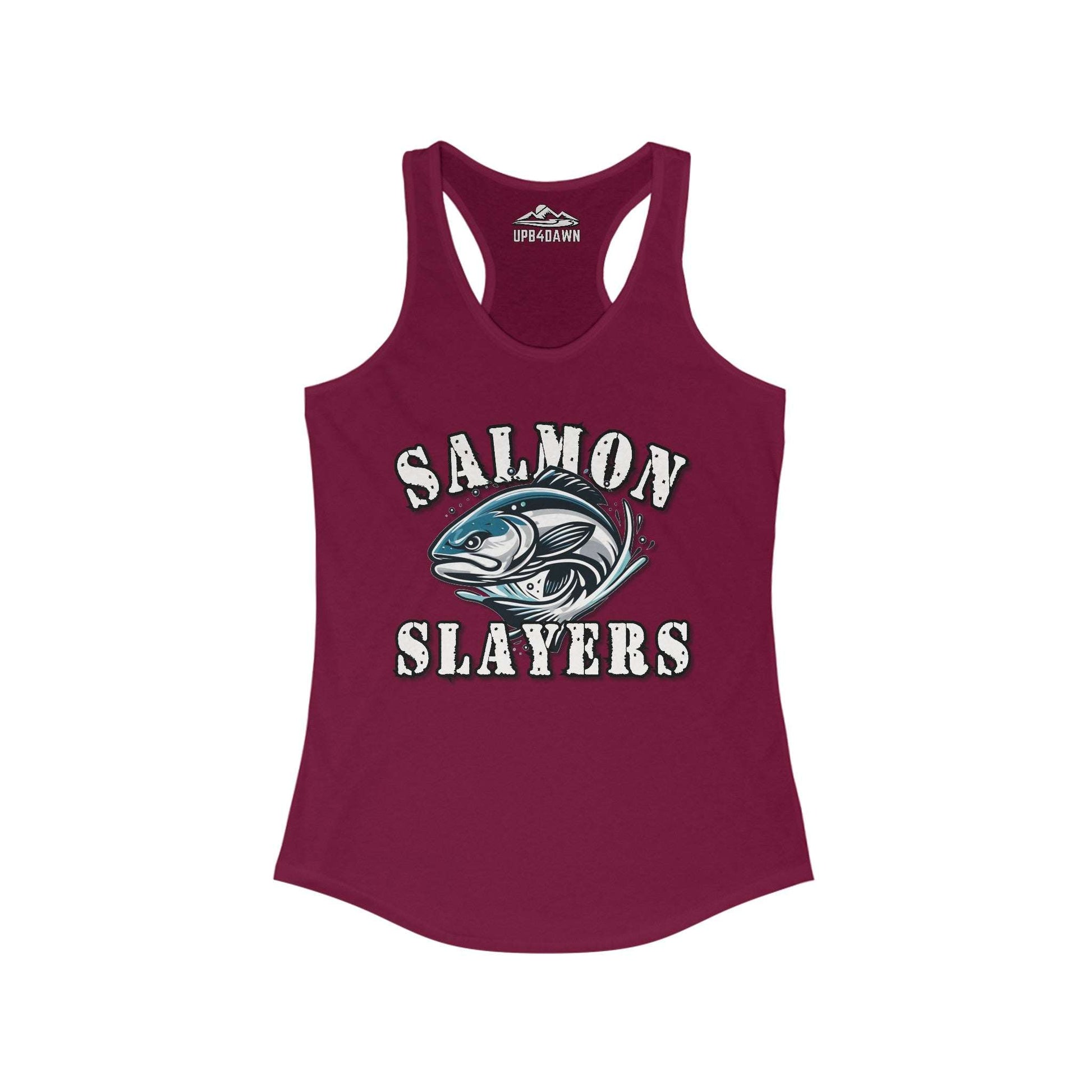 A purple "Salmon Slayers - Fierce Flash - Women's Racerback Tank Top" with the words "Salmon Slayers" printed in white on the front, accompanied by an illustration of a salmon fish. The extra light fabric and racerback cut ensure comfort, while the brand name "Up & Dawn" is visible at the inside back.