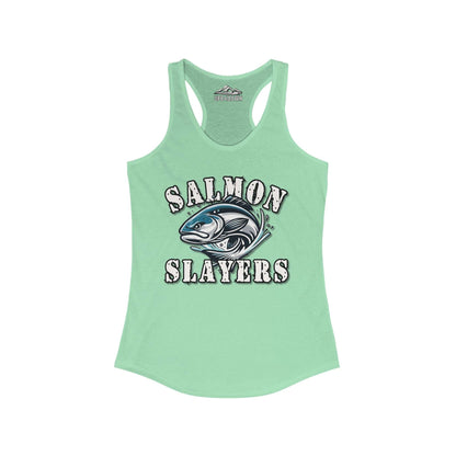 A purple "Salmon Slayers - Fierce Flash - Women's Racerback Tank Top" with the words "Salmon Slayers" printed in white on the front, accompanied by an illustration of a salmon fish. The extra light fabric and racerback cut ensure comfort, while the brand name "Up & Dawn" is visible at the inside back.