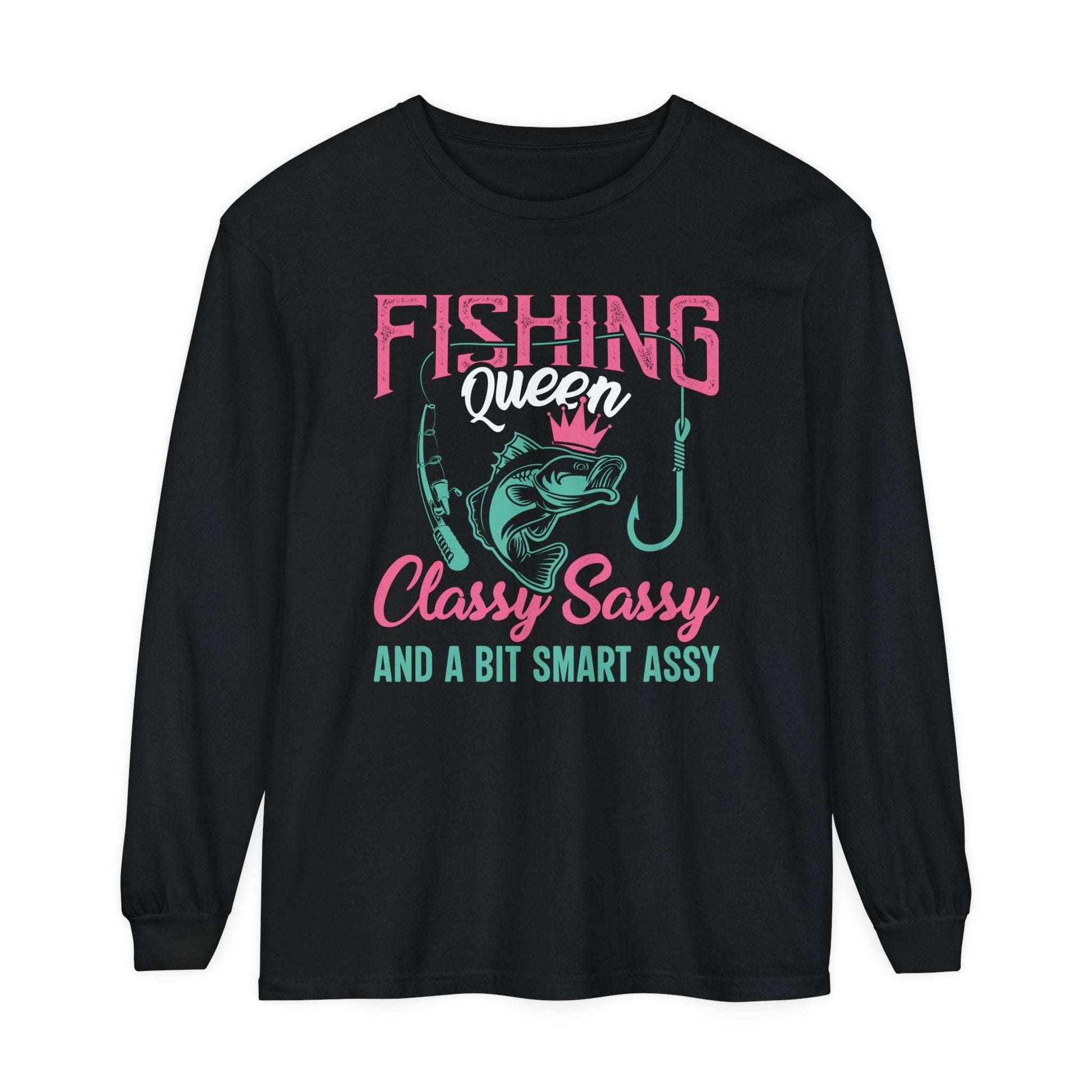 Sentence with product name: Navy blue Fishing Queen - Cotton Long Sleeve T-Shirt with pink and turquoise graphic design featuring the text "Fishing Queen" and "classy sassy and a bit smart assy" alongside an illustration of a