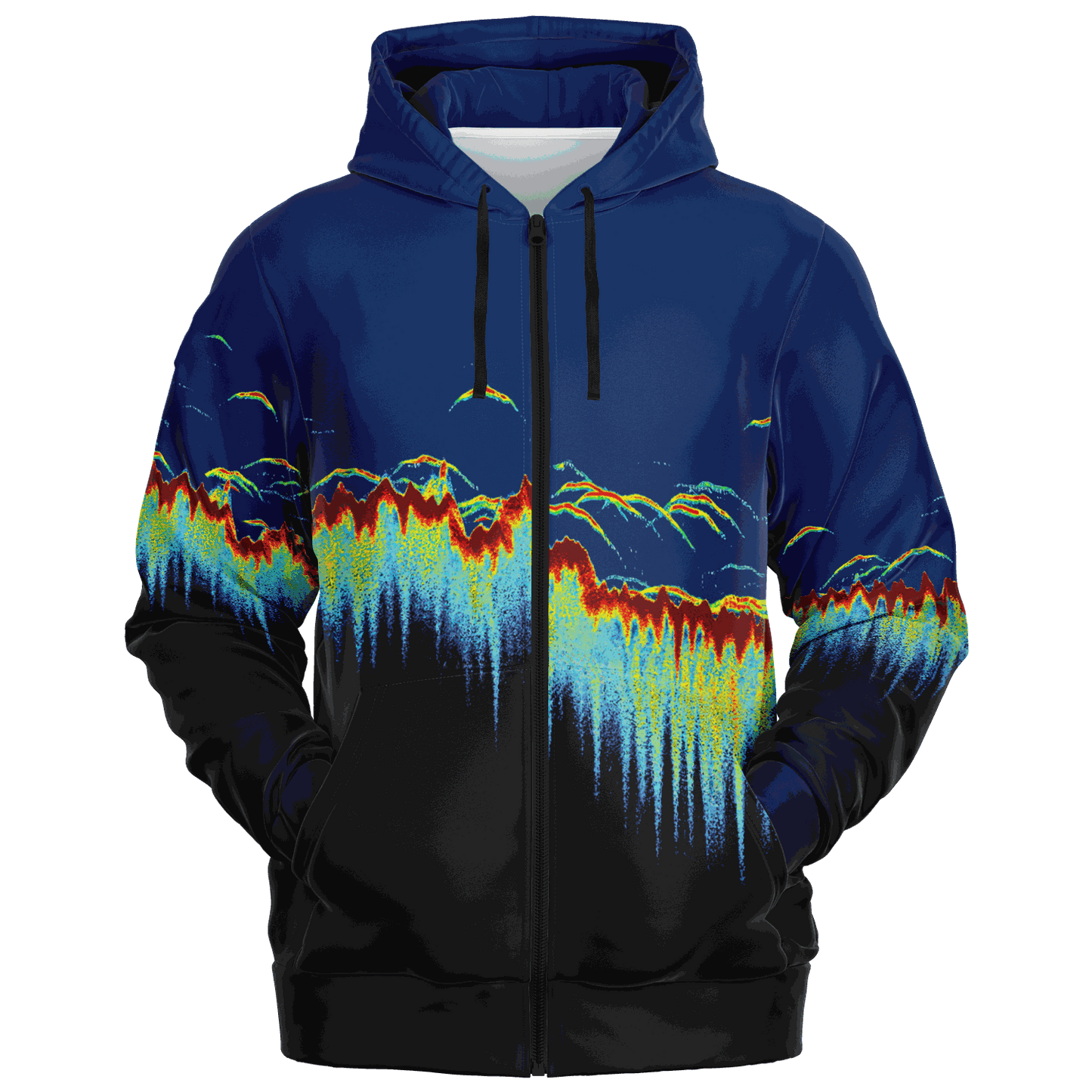 Presenting the Sonar Scan Zip-Up Hoodie, perfect for those who love bold and vibrant designs. This hoodie showcases a sonar screen pattern that artfully combines dark blue with wave-inspired cascades of orange, yellow, and light blue, creating an eye-catching gradient for your fishing wardrobe collection.