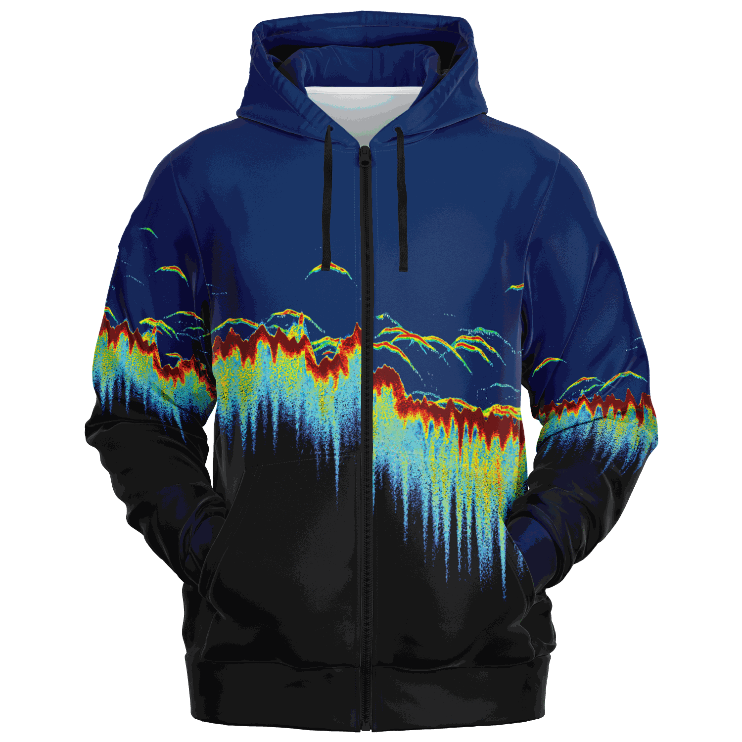 Presenting the Sonar Scan Zip-Up Hoodie, perfect for those who love bold and vibrant designs. This hoodie showcases a sonar screen pattern that artfully combines dark blue with wave-inspired cascades of orange, yellow, and light blue, creating an eye-catching gradient for your fishing wardrobe collection.