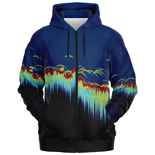 Presenting the Sonar Scan Zip-Up Hoodie, perfect for those who love bold and vibrant designs. This hoodie showcases a sonar screen pattern that artfully combines dark blue with wave-inspired cascades of orange, yellow, and light blue, creating an eye-catching gradient for your fishing wardrobe collection.