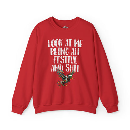 Festive Duck Sweatshirt: 'Look at Me Being All Festive and Shit' Unisex Red Pullover