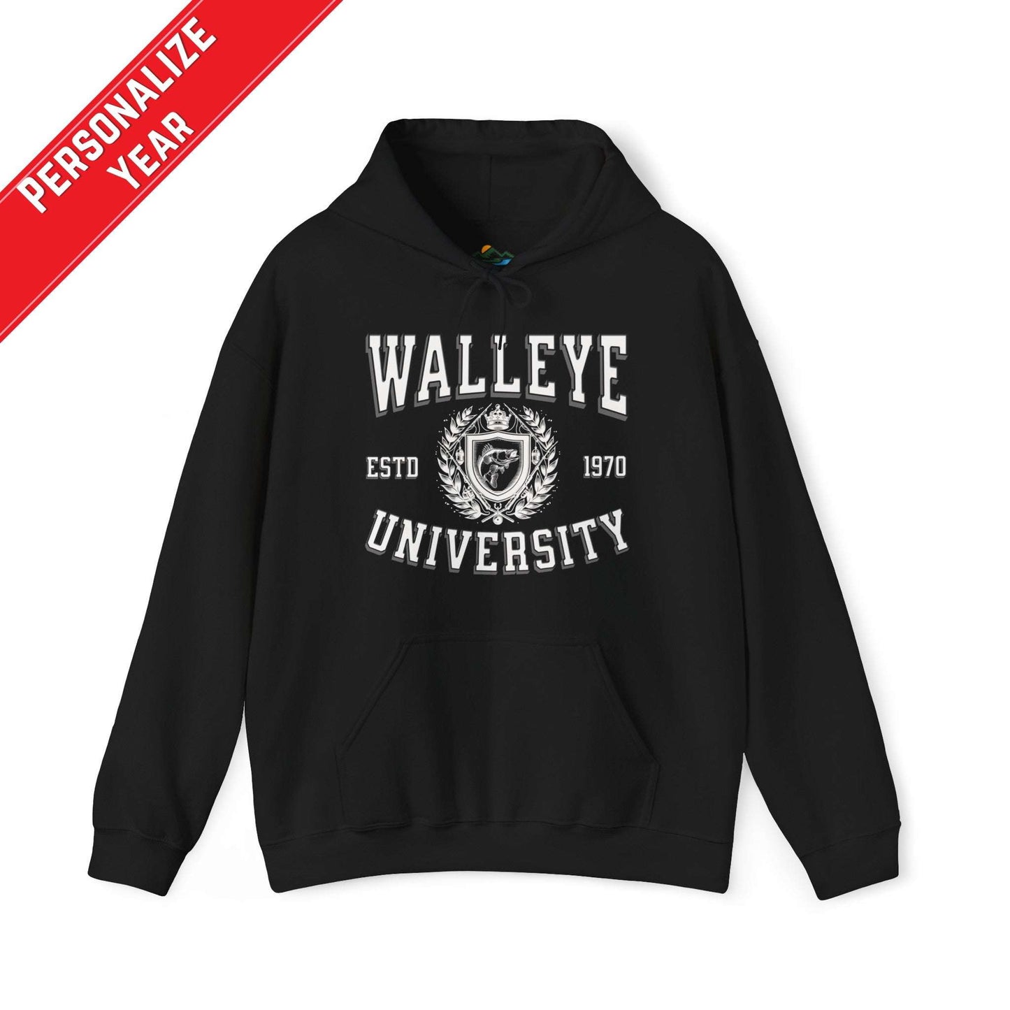 A gray Walleye University - Cotton/Poly Blend Hoodie - 7 Colors with the text "Walleye University" in large black letters and "ESTD 1970" underneath, accompanied by a Walleye University Crest. A red diagonal banner reads "Personalize Year." The hoodie has a front pocket and drawstrings, perfect for showing angler pride.