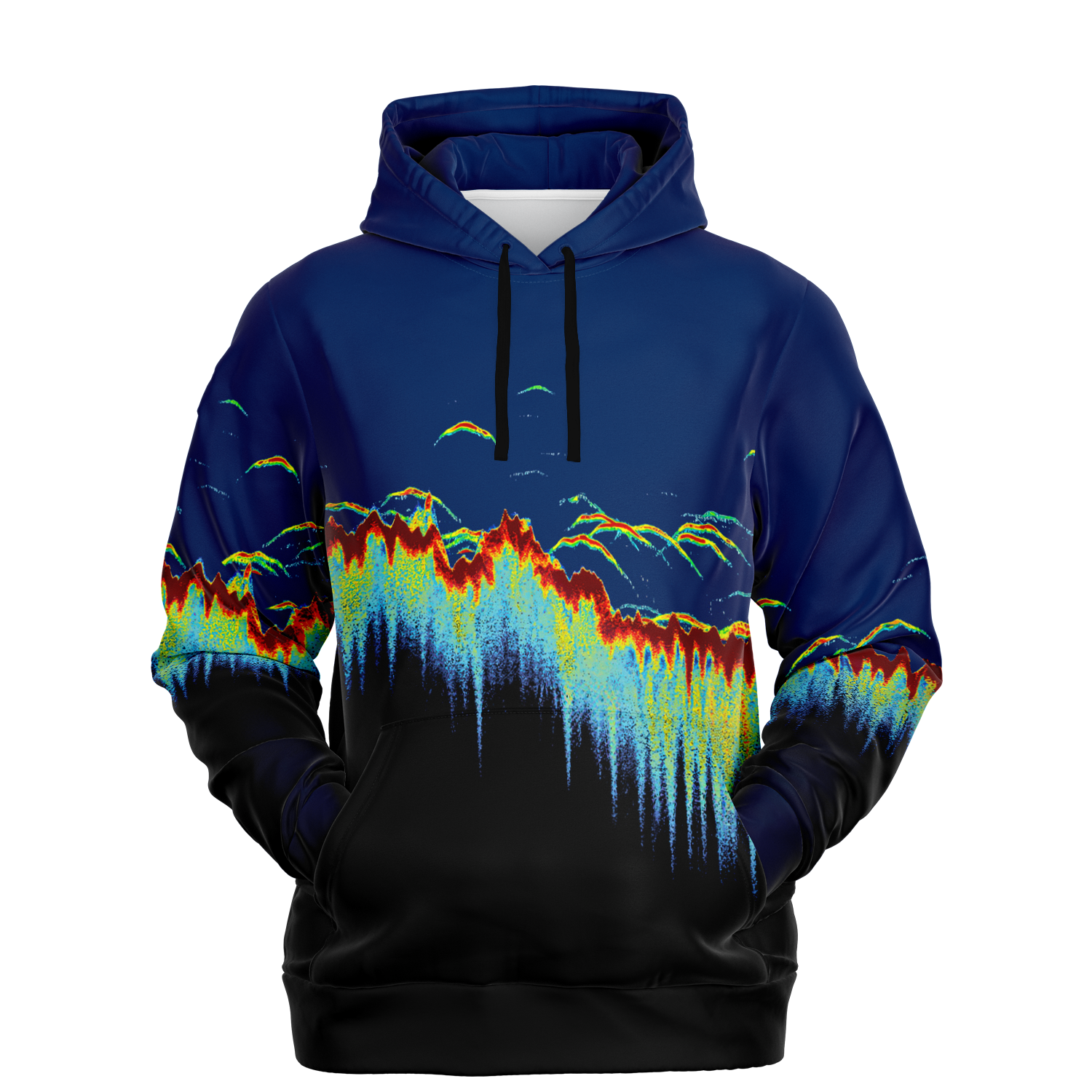 Introducing the Sonar Scan Pull Over Hoodie - Tri-Blend: a dynamic addition to your fishing wardrobe. This hoodie features an abstract design with vibrant colors resembling underwater fish movements or a digital soundwave. The top fades from dark blue to black, with bright green, yellow, red, and light blue accents cascading down.