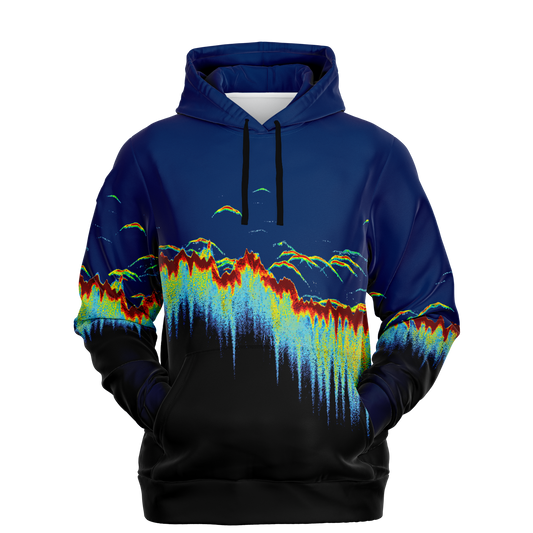 Introducing the Sonar Scan Pull Over Hoodie - Tri-Blend: a dynamic addition to your fishing wardrobe. This hoodie features an abstract design with vibrant colors resembling underwater fish movements or a digital soundwave. The top fades from dark blue to black, with bright green, yellow, red, and light blue accents cascading down.