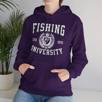 A green **Fishing University - Cotton/Poly Blend Hoodie - 7 Colors** with "Fishing University" printed in white letters on the front. The design includes "ESTD 1970" and a crest with a fish image. A red banner in the top left corner says "PERSONALIZE YEAR." This personalized hoodie features a front pocket and drawstrings.