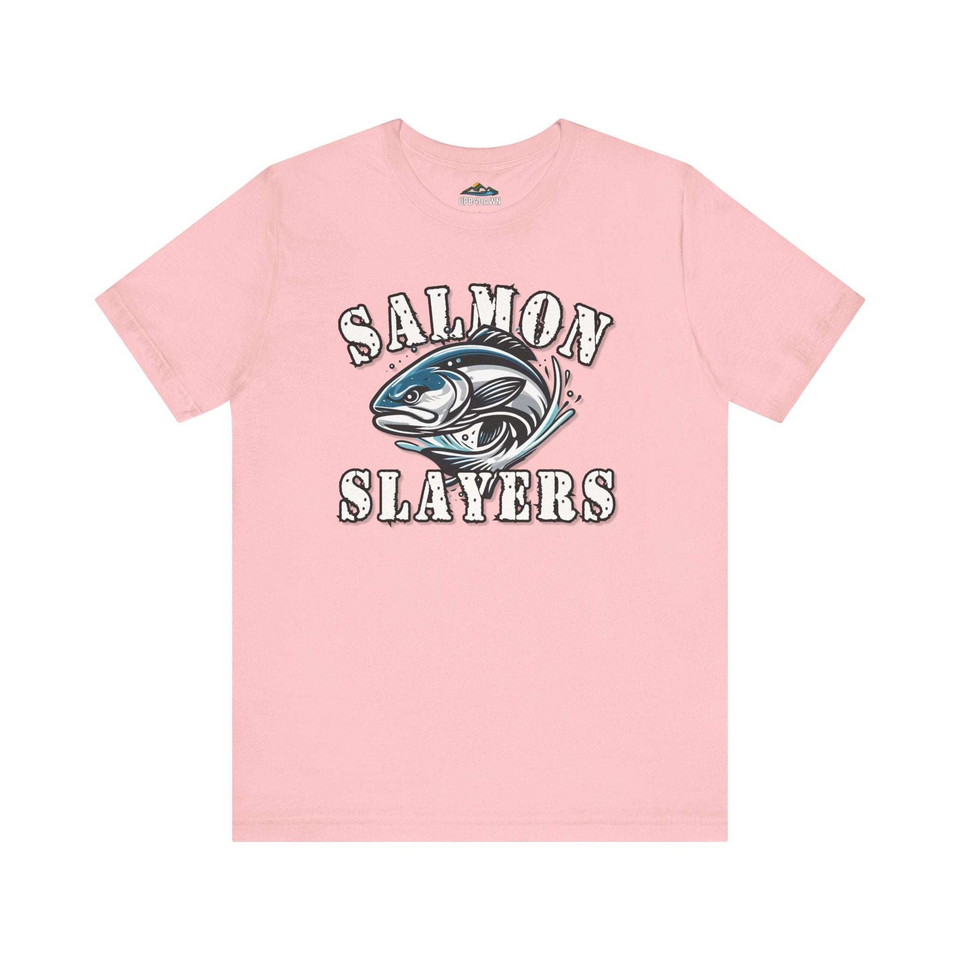 A blue unisex T-shirt made from 100% Airlume cotton featuring the text "Salmon Slayers" in bold, white, distressed letters. Below, an illustration of a fierce-looking fish with sharp teeth and dynamic lines suggests movement. Enjoy fast shipping on this striking design: **Slamon Slayers - Fierce Flash - T-Shirt**.