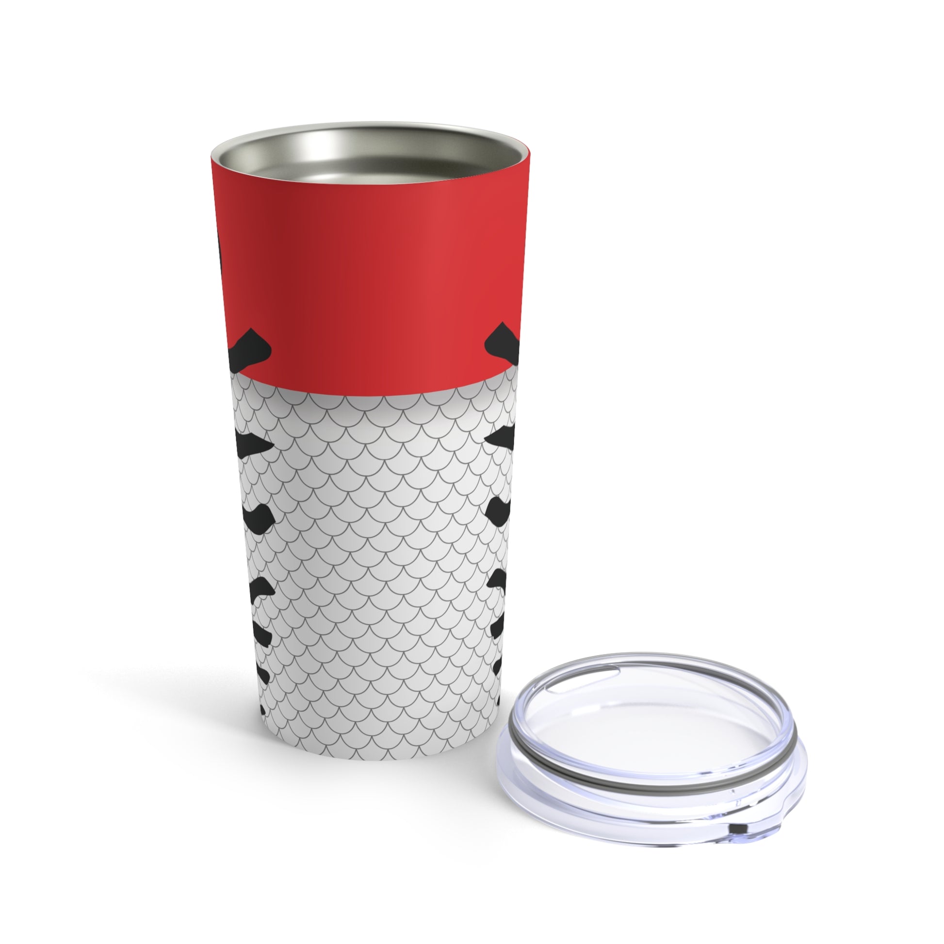 Introducing the "Lure - Red & White - Printed Tumbler - 20oz": a tall, cylindrical tumbler with a lid. Crafted from stainless steel with double-wall insulation, this tumbler resembles a fish, featuring a red top with a black eye and a white bottom decorated with black scales and curved lines that mimic the body and tail.