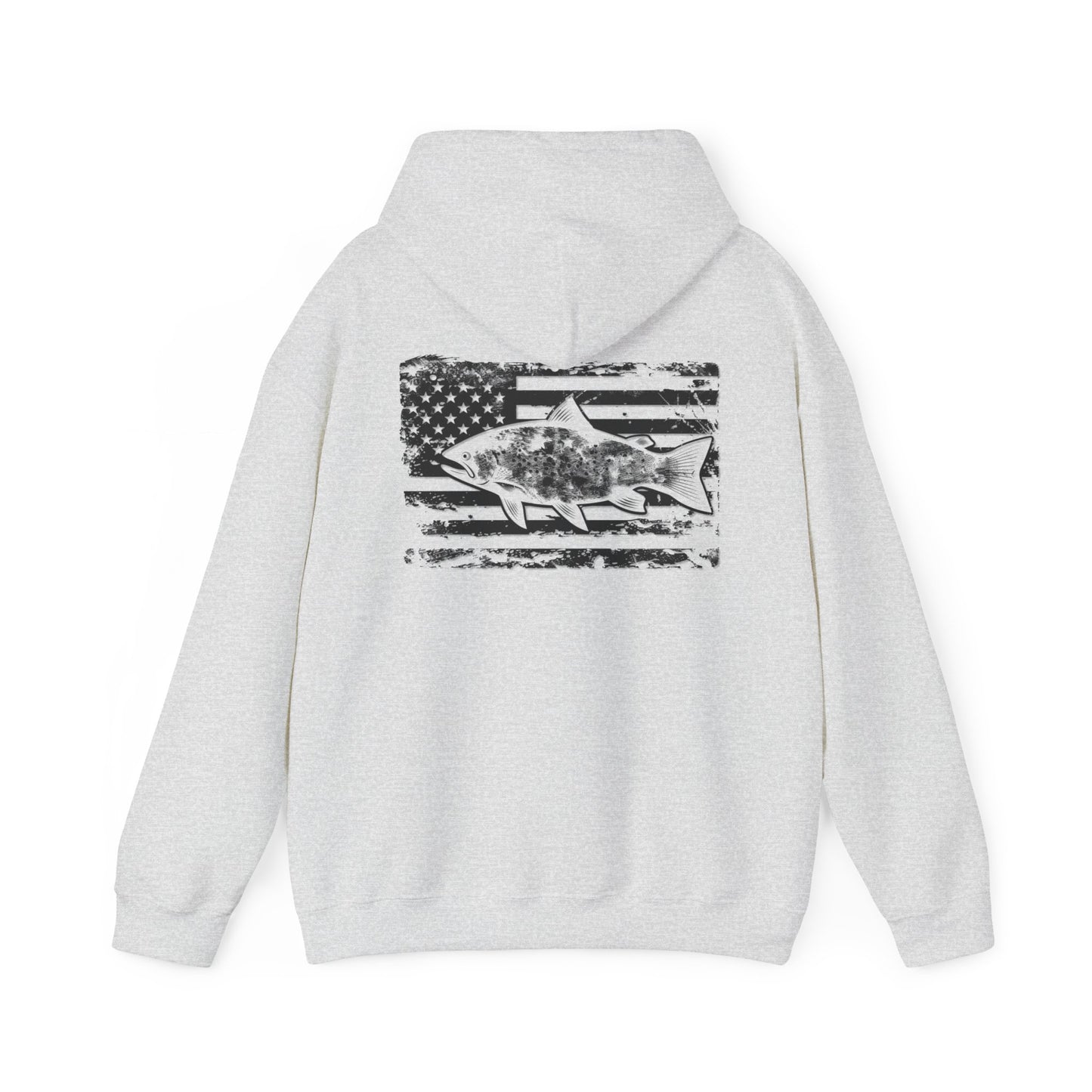 The Reeling In Freedom - Cotton/Poly Blend - Hoodie, ideal for any fishing enthusiast, is depicted from the front and back. The front showcases a small fish graphic accompanied by "Feeling of Freedom" text on the left chest, while the back prominently features a large fish graphic set against a distressed American flag design, celebrating American pride.