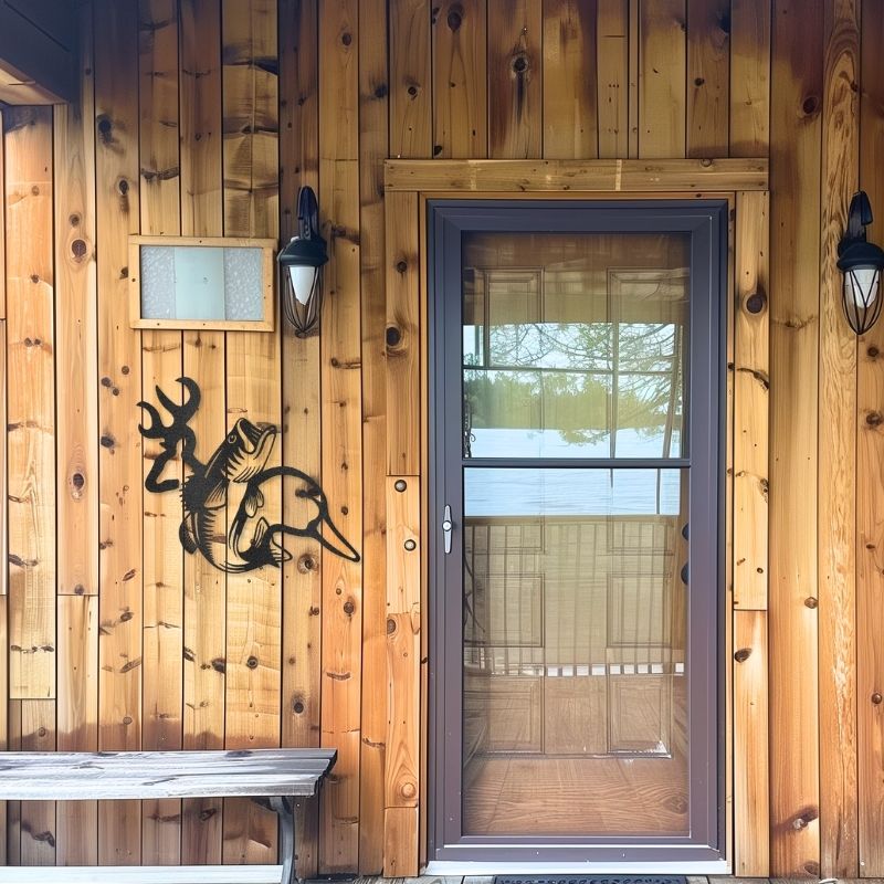 Wildlife Calling laser-cut steel sign featuring deer, fish, and duck on wooden exterior wall near door.