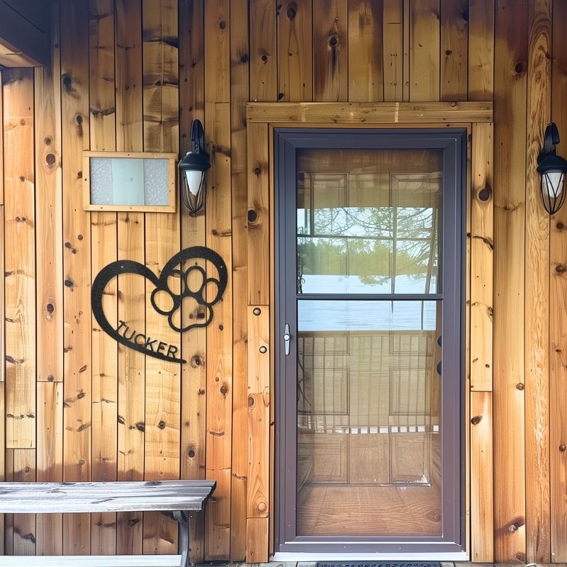 Customizable laser-cut steel sign with heart and paw design, displaying the word "Tucker" on a wooden wall.