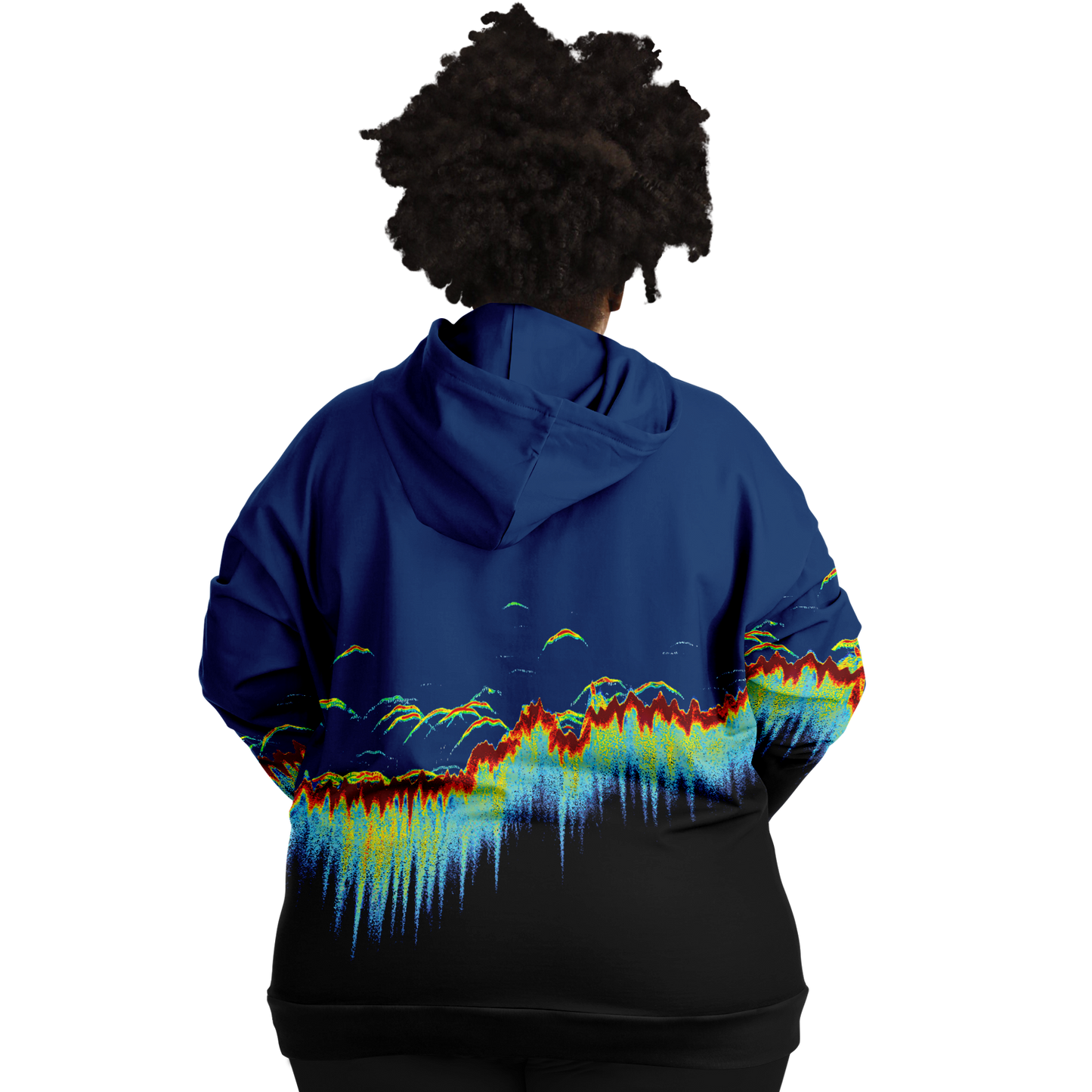 Plus-size Sonar Scan Hoodie with vibrant sonar screen pattern, designed for fishing enthusiasts, featuring tri-blend fabric and double-layer hood.