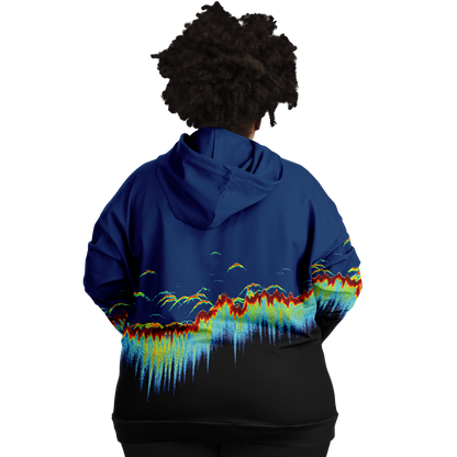 Plus-size Sonar Scan Hoodie with vibrant sonar screen pattern, designed for fishing enthusiasts, featuring tri-blend fabric and double-layer hood.