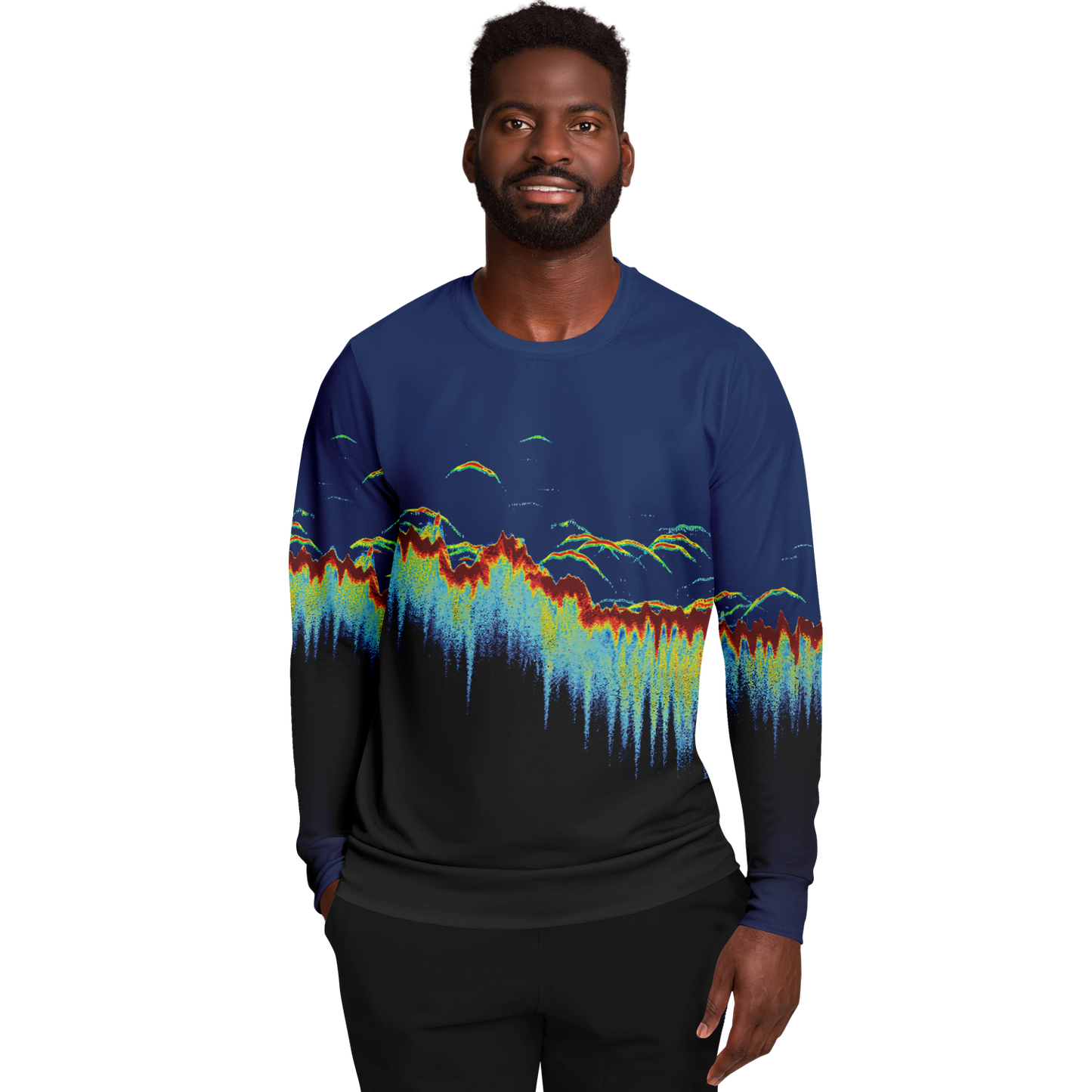 Model wearing Sonar Scan Sweatshirt featuring a vibrant sonar pattern, showcasing a tri-blend design for fishing enthusiasts.