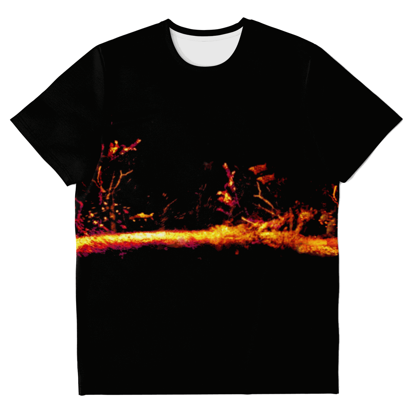 Introducing the Sonar Live Short Sleeve T-shirt, a black tee featuring a striking abstract design across the chest. The vibrant orange and red hues mimic flames or a dynamic landscape, making it an ideal choice for adding an edgy flair to your fishing wardrobe. The rest of the T-shirt is kept plain and dark for a sleek look.