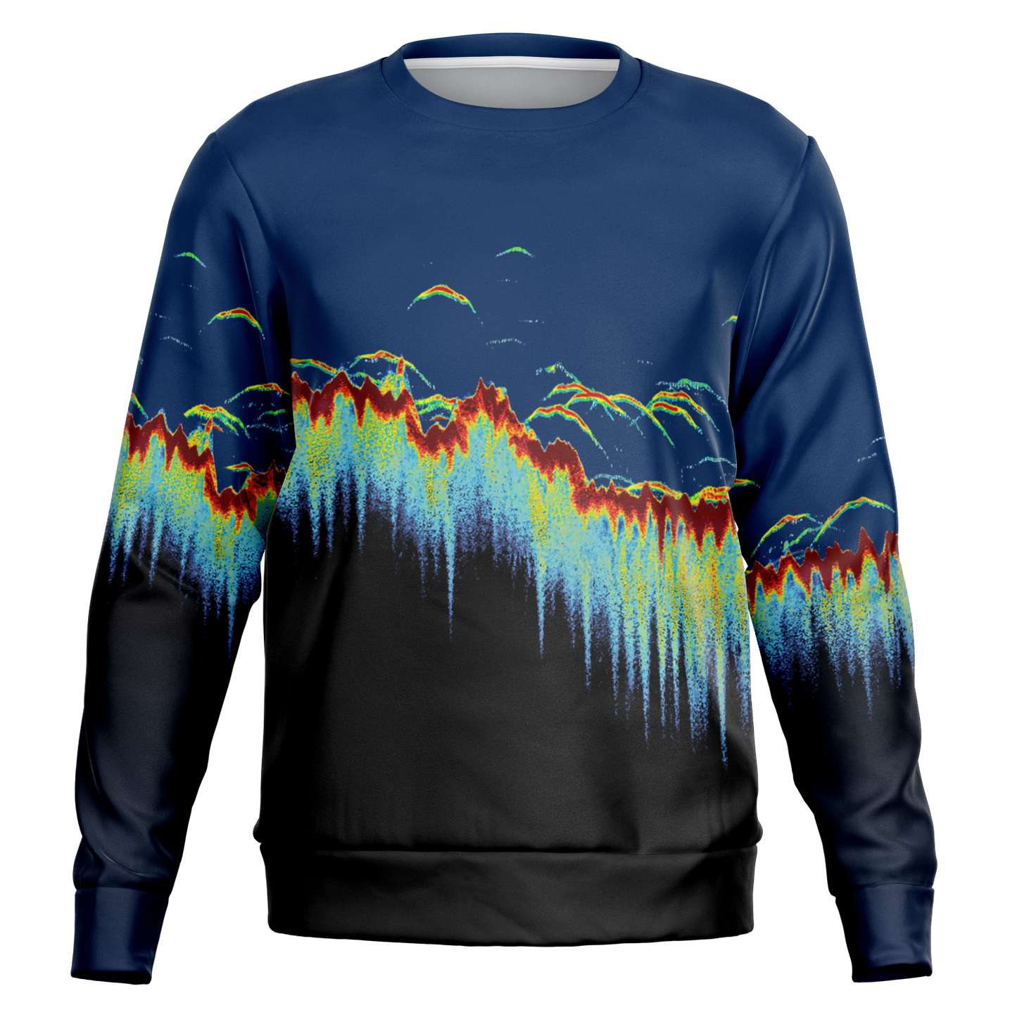 Sonar Scan Sweatshirt with vibrant sonar screen pattern on a tri-blend fabric.