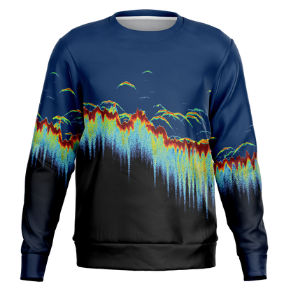 Sonar Scan Sweatshirt with vibrant sonar screen pattern on a tri-blend fabric.