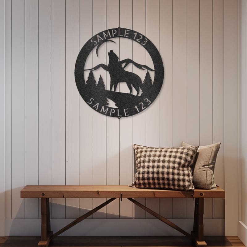 Howling Wolf Monogram customizable laser-cut steel sign hanging on the wall above a bench.