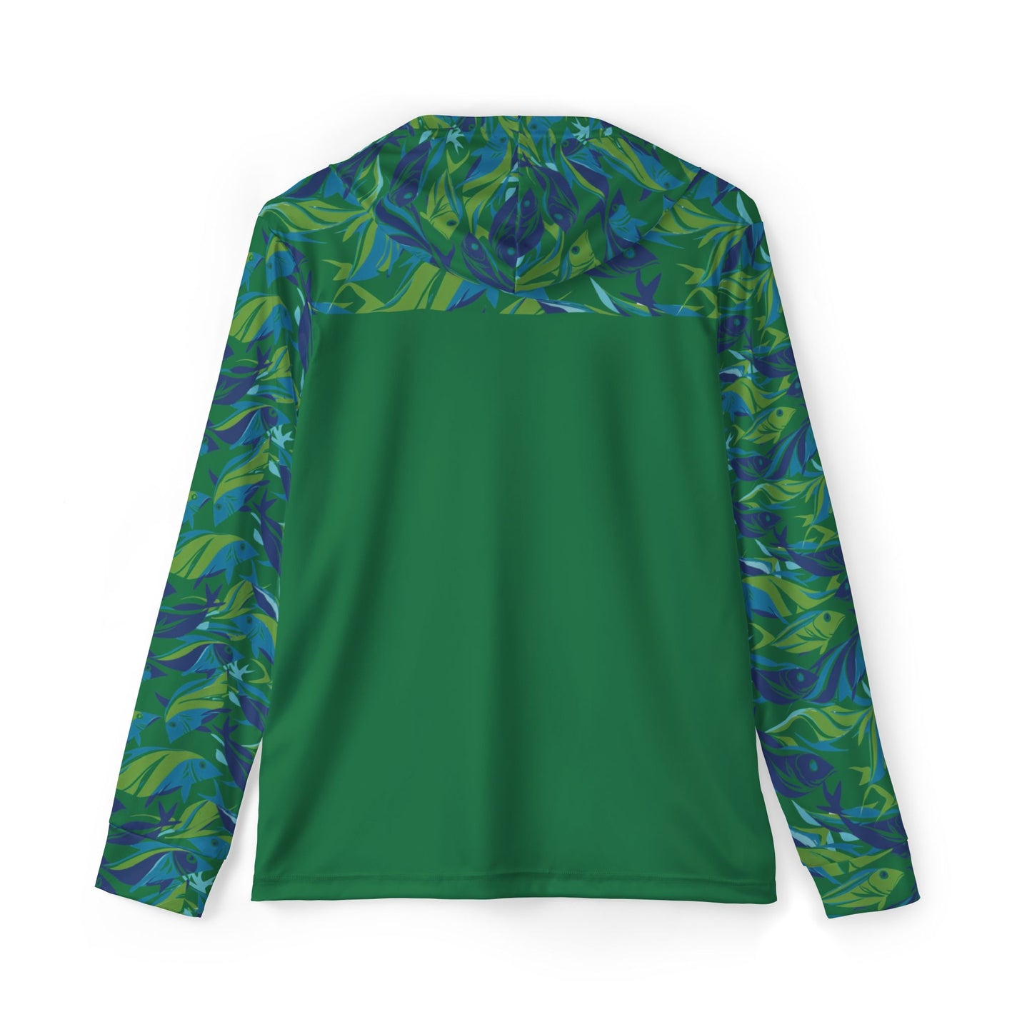 Introducing the Whimsical Fish Sun Protection Hoodie UPF +50 in green, showcasing a dynamic leaf pattern in blue and green hues on the upper back, hood, and sleeves. Made from moisture-wicking polyester with UPF +50, this hoodie has a solid green body that sharply contrasts with the vibrant pattern.