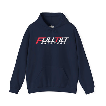 A black unisex Eagle Hoodie in dark colors from Full Tilt Outdoors features a front pocket and is made from an ethically grown cotton/poly blend. The hoodie showcases "FULLTILT OUTDOORS" on the front in bold, stylized white and red letters.