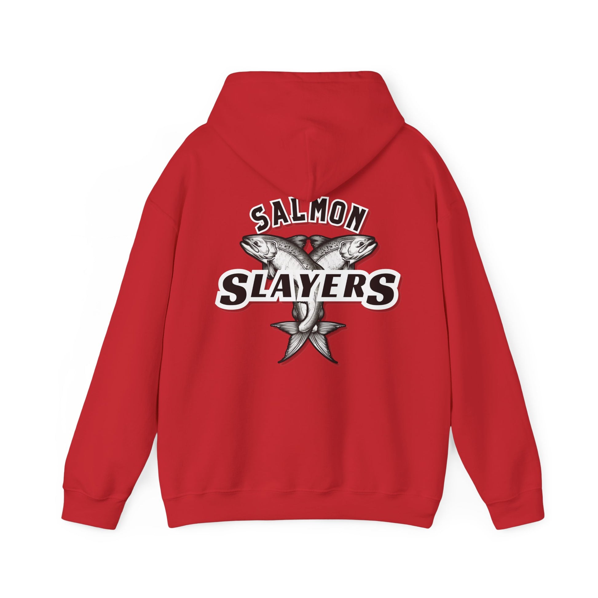 A black Salmon Slayers - Twin Salmon Logo - Cotton/Poly Blend Hoodie with the text "Salmon Slayers" on the back. The text is stylized with a Twin Salmon Logo featuring two intersecting salmon fish positioned above the word "Slayers." Made from ethically grown cotton, it has a front pocket and a drawstring hood.