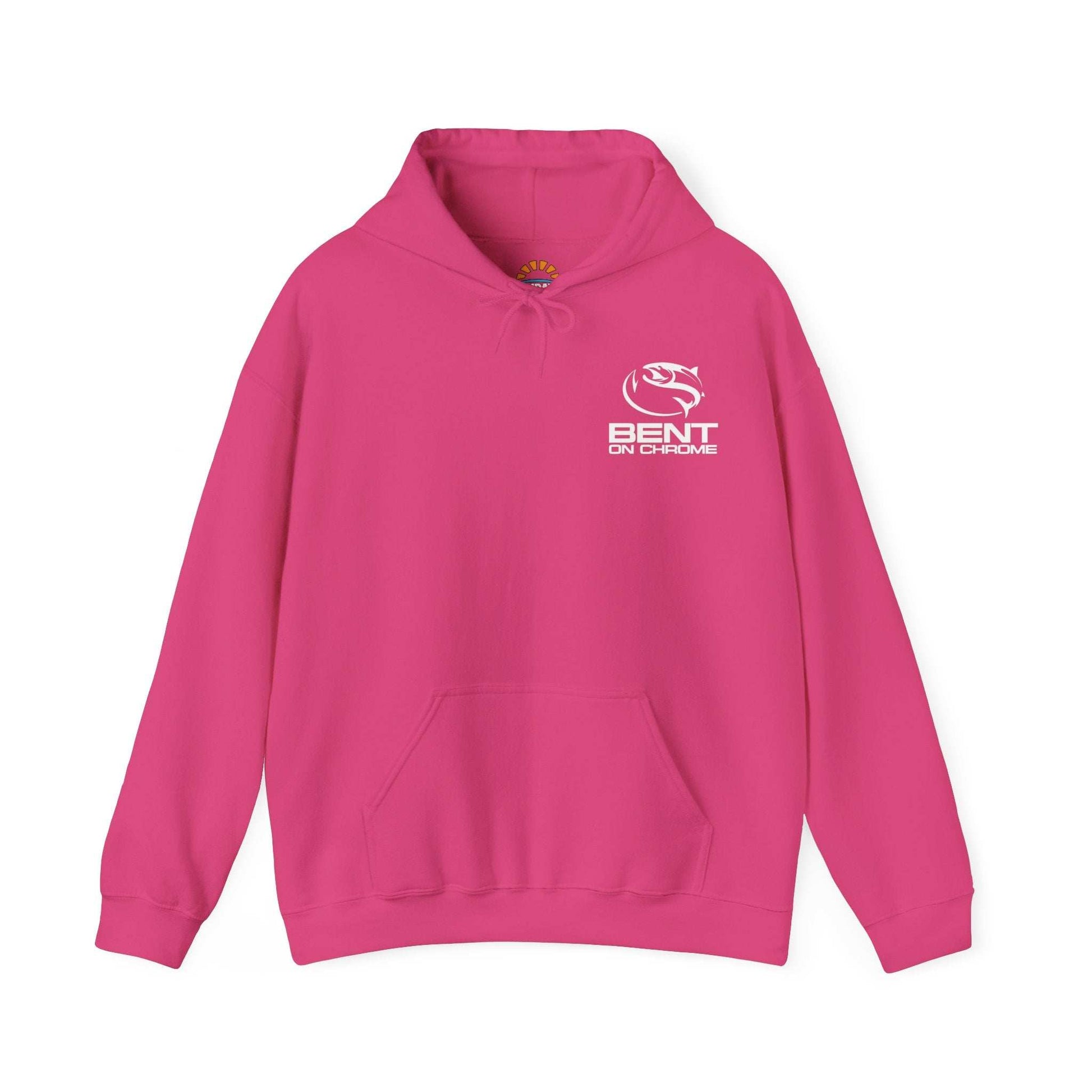 Pink Bent On Chrome pull over hoodie with original logo, cotton/poly blend, unisex.