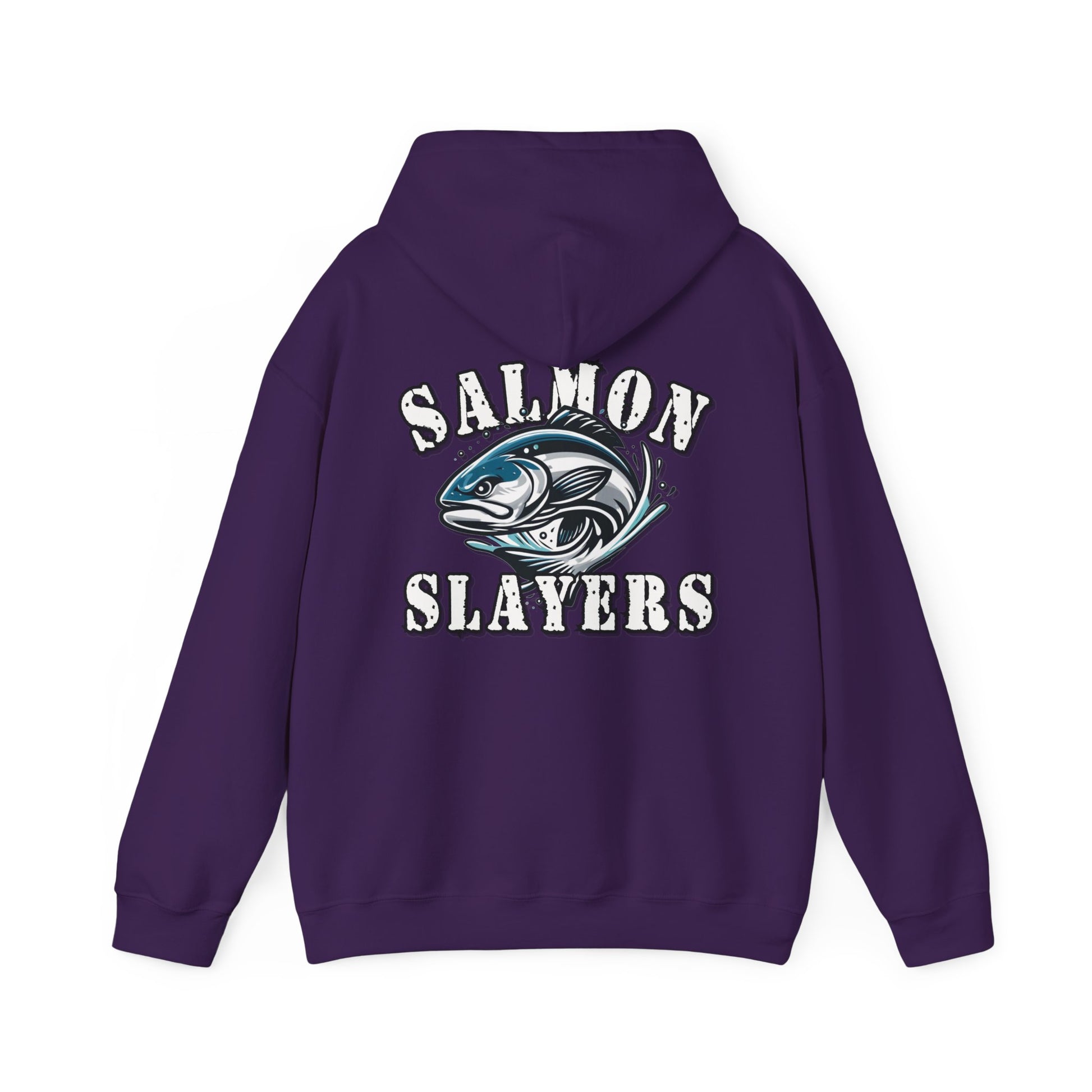 A Salmon Slayers - Fierce Flash - Cotton/Poly Blend Hoodie featuring a graphic of a salmon in mid-swim, with water splashes around it, and the text "Salmon Slayers" printed above and below the fish in bold, white letters with a distressed texture. Crafted from ethically grown US cotton for ultimate comfort.