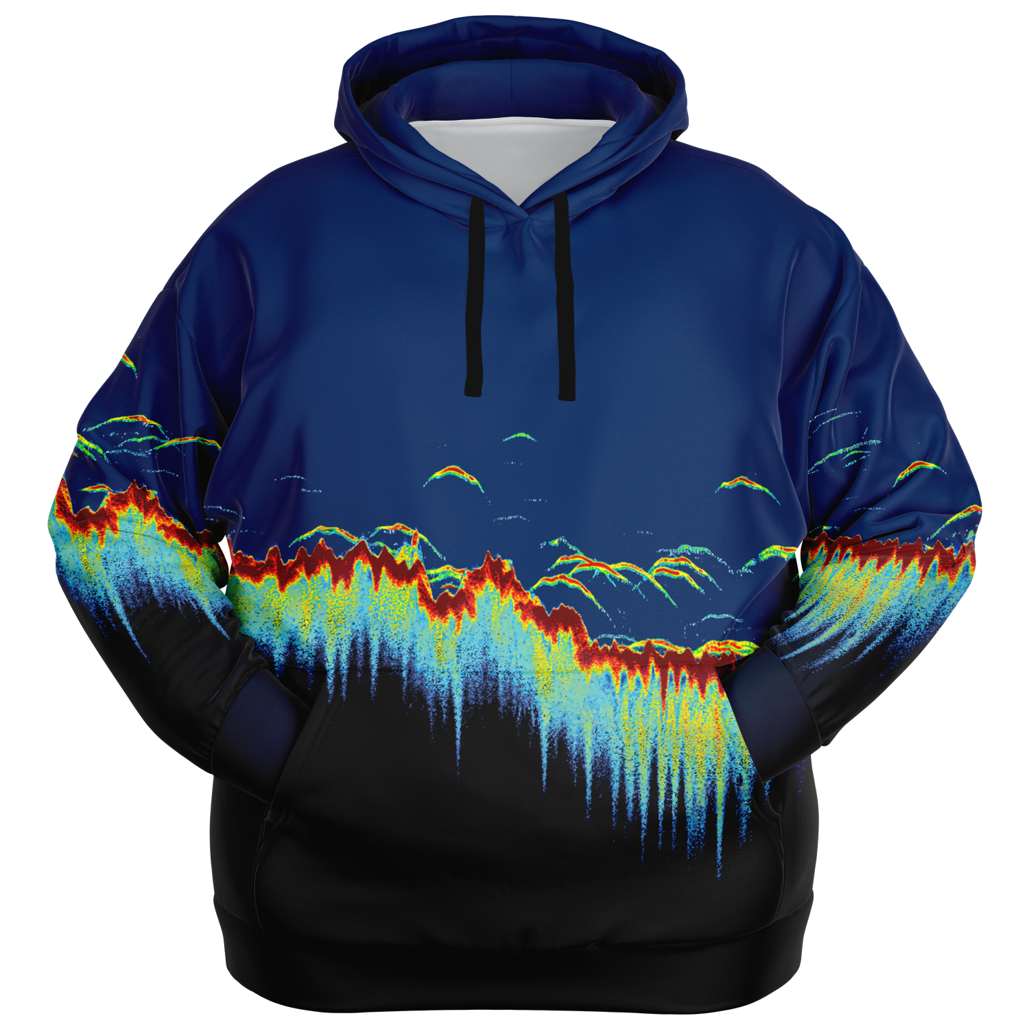 Plus-size sonar scan hoodie with vibrant fishing sonar pattern and pocket.