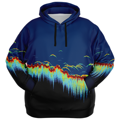 Plus-size sonar scan hoodie with vibrant fishing sonar pattern and pocket.