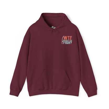 A maroon Here Fishy, Fishy, Fishy - Double Sided Print - Cotton/Poly Blend Hoodie with a front pocket. The text on the chest reads "WTF WHERE IS THE FISH?" with the letters "WTF" prominently displayed in a distressed font. A small fish graphic is integrated into the text, making it perfect for fishing enthusiasts.