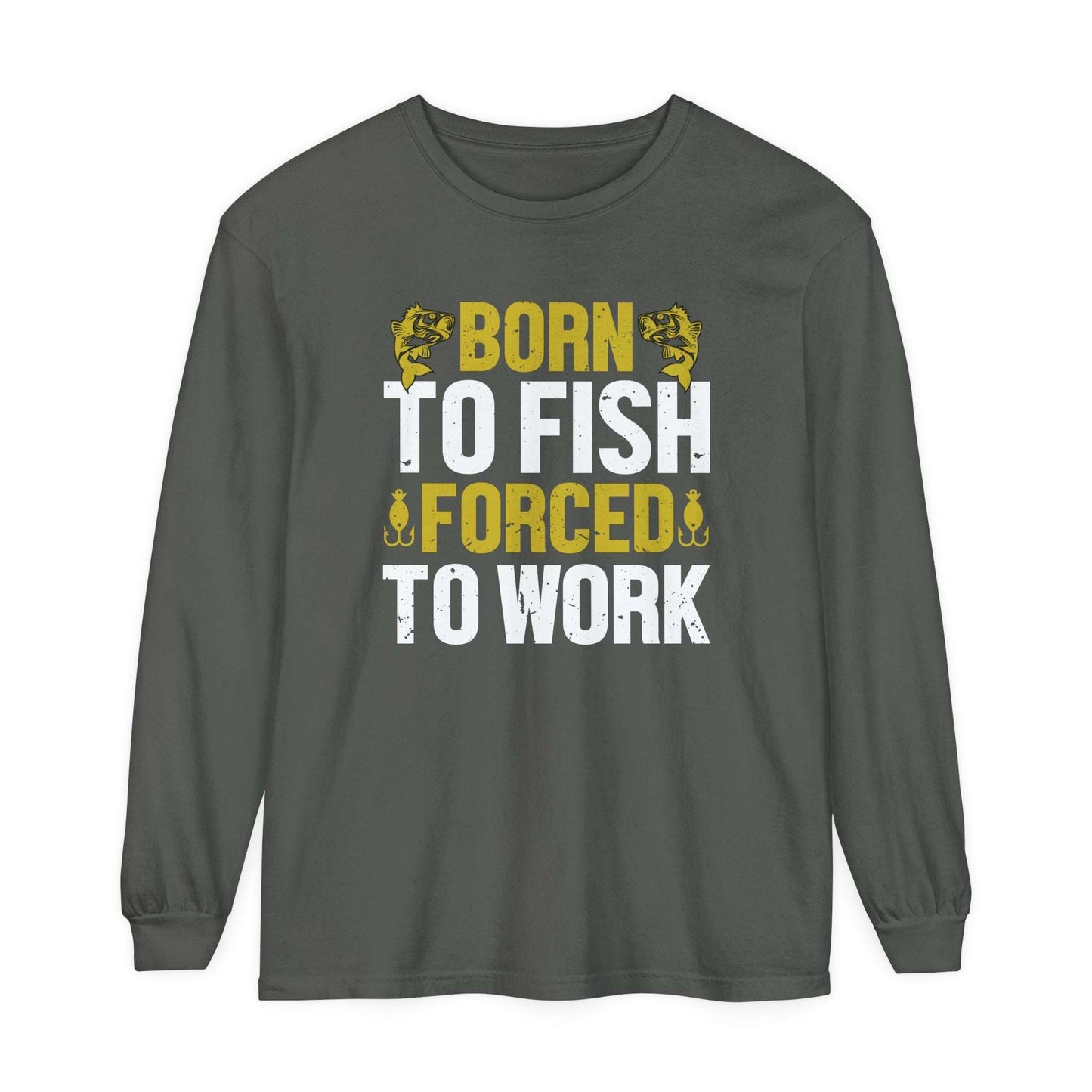 A black long-sleeve Born to Fish, Forced to Work cotton t-shirt with the text "born to fish, forced to work" printed in bold yellow and white letters, flanked by fishing hook graphics.