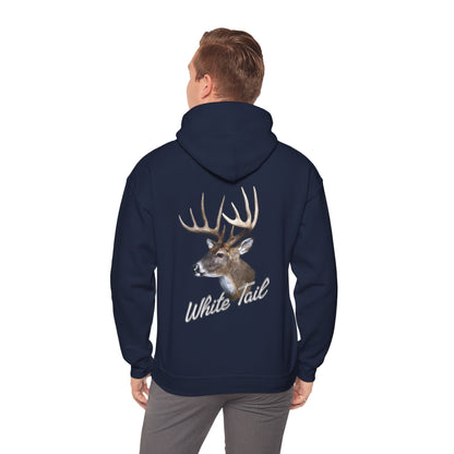 White-Tail Hunter's Tribute hoodie with a graphic of a deer head and the words "white tail" printed below it on the back. The hoodie has a hood and is displayed against a white background.