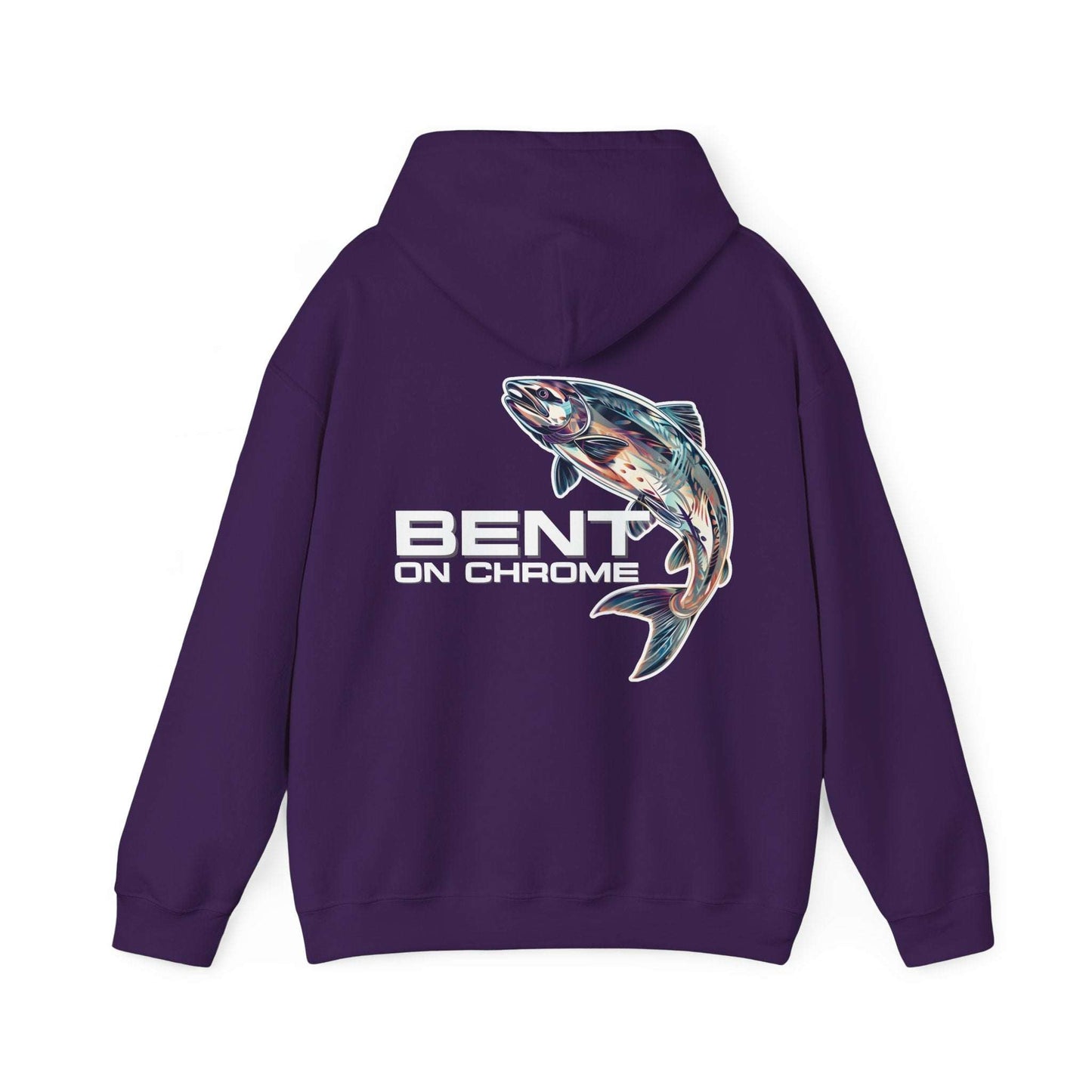 A Bent On Chrome - Silver Salmon - Cotton/Poly Blend Hoodie featuring a colorful graphic of a fish, with the text "Bent On Chrome" underneath, displayed on a white background.