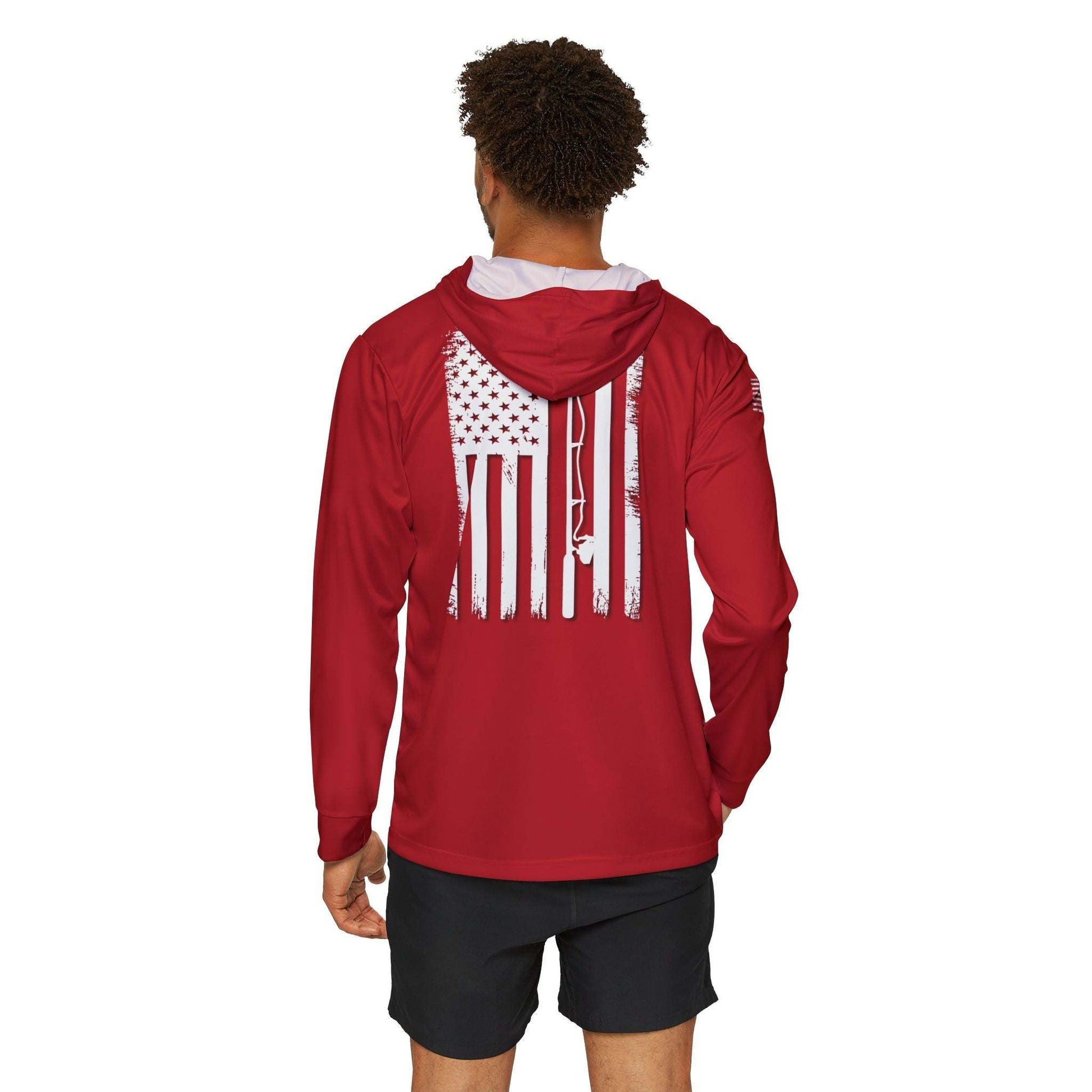 Red long sleeve sun protection hoodie with hood, featuring a distressed American flag and fishing rod design on the back, UPF +50.