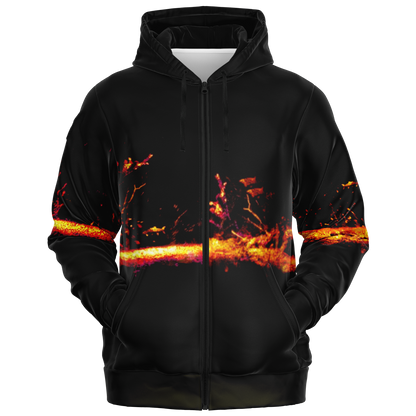 The Sonar Live Zip-Up Hoodie showcases a fiery orange and red abstract design across the chest and sleeves, offering a striking contrast against the dark fabric. The design evokes the appearance of glowing embers or a burning sunset.