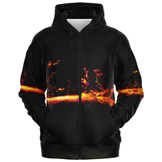 The Sonar Live Zip-Up Hoodie showcases a fiery orange and red abstract design across the chest and sleeves, offering a striking contrast against the dark fabric. The design evokes the appearance of glowing embers or a burning sunset.