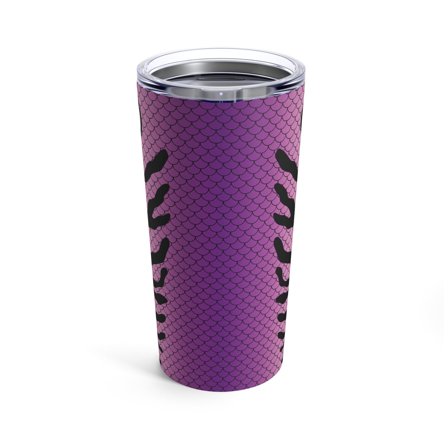 The Lure - Pink & Purple - Printed Tumbler - 20oz features a tall, pink design with a fish scale pattern and a single, large cartoonish eye near the top. This fishing lure tumbler offers double-wall insulation and comes with a clear plastic lid.