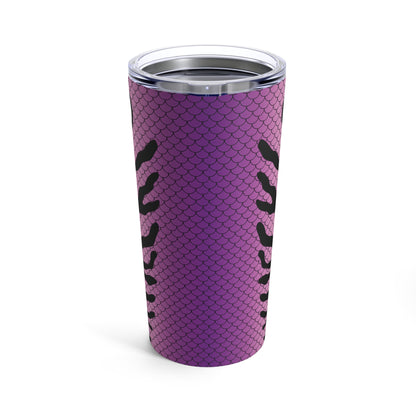 The Lure - Pink & Purple - Printed Tumbler - 20oz features a tall, pink design with a fish scale pattern and a single, large cartoonish eye near the top. This fishing lure tumbler offers double-wall insulation and comes with a clear plastic lid.