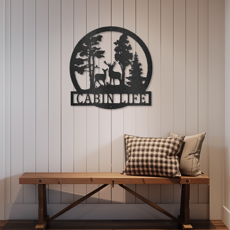 Customizable laser-cut steel sign with deer in woods design, perfect for personalization in home decor.