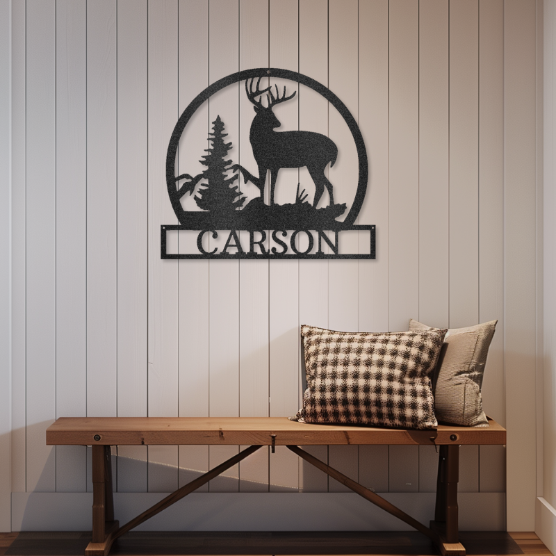 Outdoor Buck Monogram customizable laser-cut steel sign with buck, tree, and mountain silhouette.