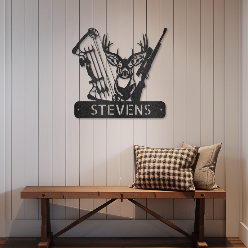 Customizable Deer Hunter Monogram Steel Sign with Deer, Bow, and Rifle Emblem