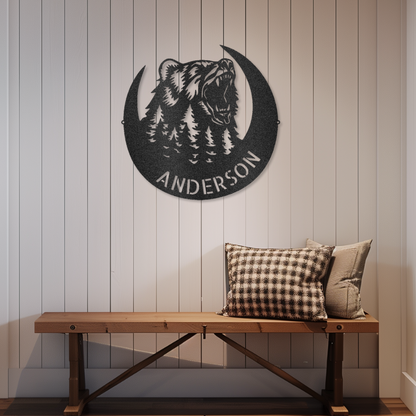 Roaring Bear Monogram customizable laser-cut steel sign on wall, featuring personalized name with bear design.