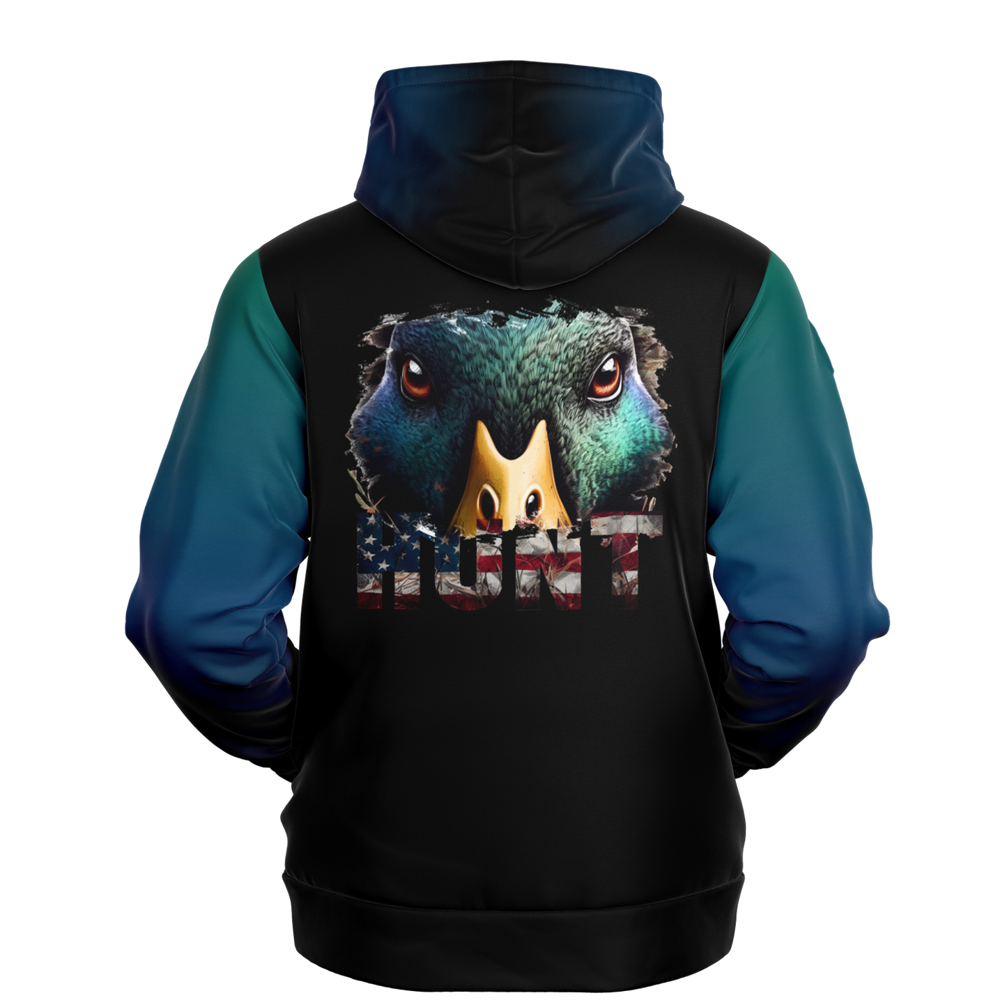 The Duck Hunt Gradient Hoodie is a unisex fleece hoodie that boasts a striking design, featuring blue sleeves and a vivid print of a bird's face with intense eyes and a pointed beak. "HUNT" is boldly displayed below the bird, making it ideal apparel for waterfowl hunting enthusiasts.