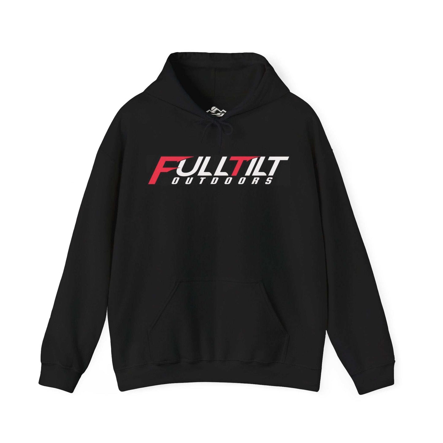 A black unisex Eagle Hoodie in dark colors from Full Tilt Outdoors features a front pocket and is made from an ethically grown cotton/poly blend. The hoodie showcases "FULLTILT OUTDOORS" on the front in bold, stylized white and red letters.