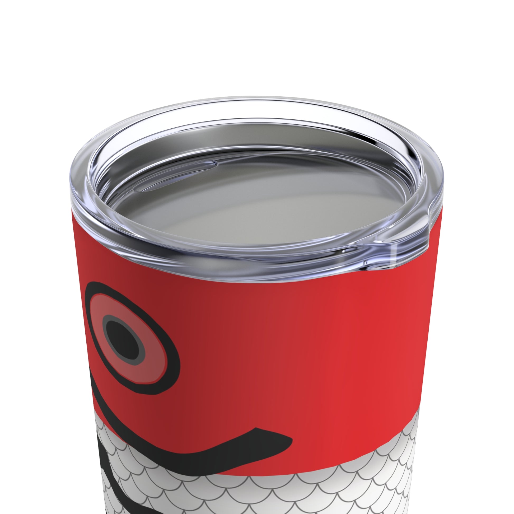 Introducing the "Lure - Red & White - Printed Tumbler - 20oz": a tall, cylindrical tumbler with a lid. Crafted from stainless steel with double-wall insulation, this tumbler resembles a fish, featuring a red top with a black eye and a white bottom decorated with black scales and curved lines that mimic the body and tail.