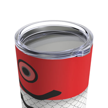 Introducing the "Lure - Red & White - Printed Tumbler - 20oz": a tall, cylindrical tumbler with a lid. Crafted from stainless steel with double-wall insulation, this tumbler resembles a fish, featuring a red top with a black eye and a white bottom decorated with black scales and curved lines that mimic the body and tail.