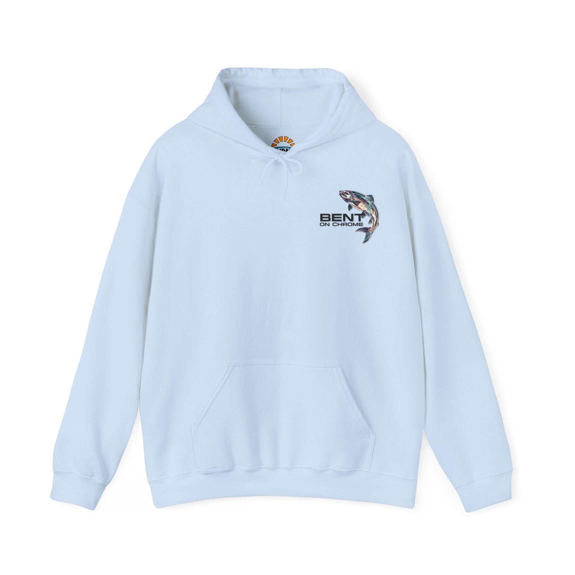 Bent On Chrome Pull Over Hoodie in Silver Salmon color with logo, cotton/poly blend, ideal for anglers.